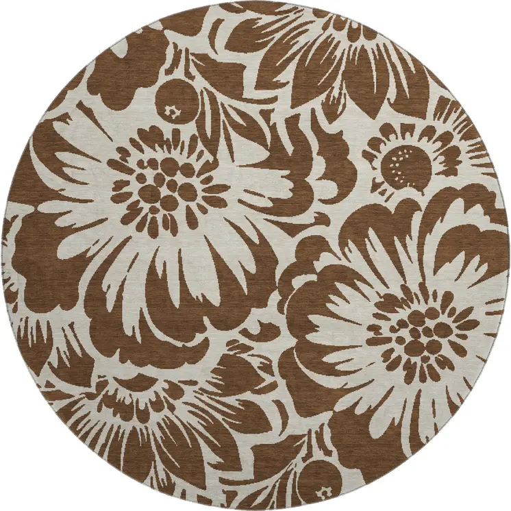 8' Brown And Ivory Floral Washable Round Rug With UV Protection