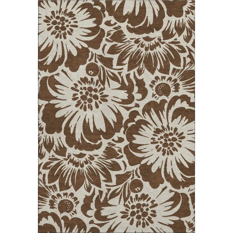 10' X 14' Brown And Ivory Floral Washable Area Rug With UV Protection