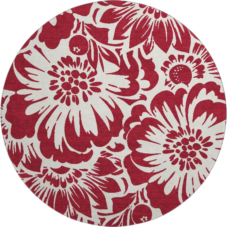 8' Burgundy And Ivory Floral Washable Round Rug With UV Protection