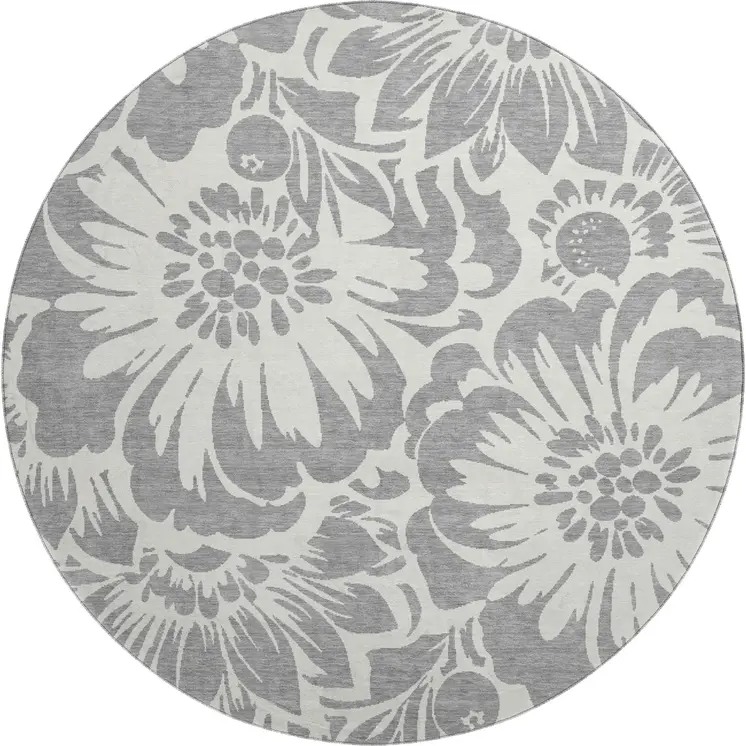 8' Gray And Ivory Floral Washable Round Rug With UV Protection