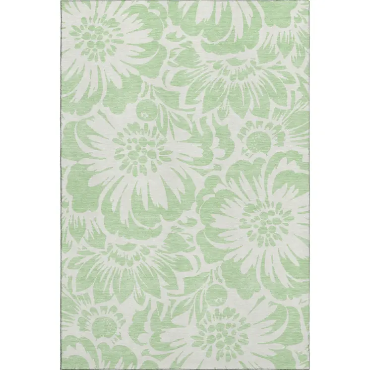 8' X 10' Mint Green And Ivory Floral Washable Area Rug With UV Protection