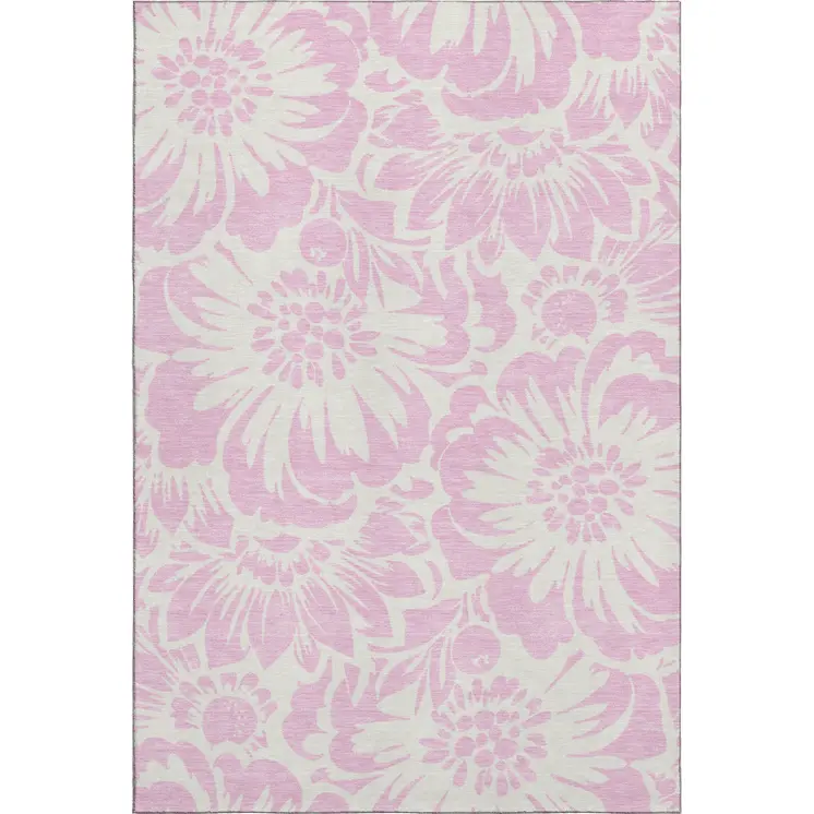5' X 8' Pink And Ivory Floral Washable Area Rug With UV Protection