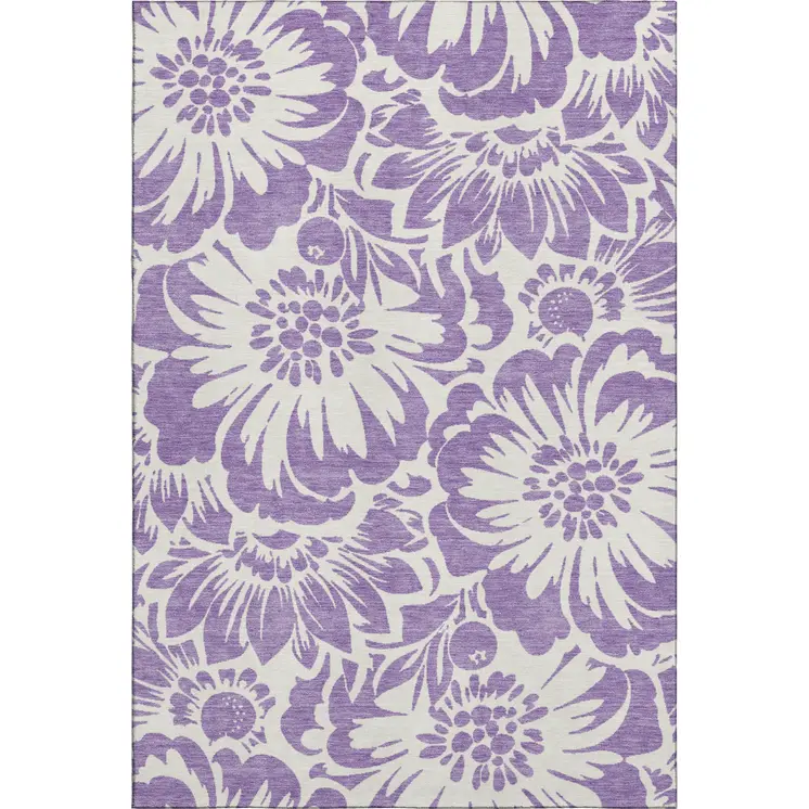 8' X 10' Purple And Ivory Floral Washable Area Rug With UV Protection