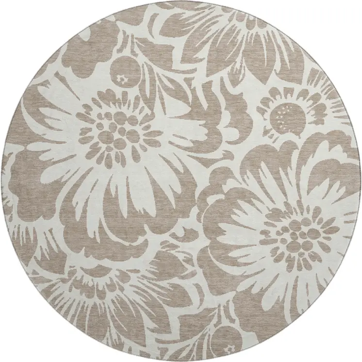 8' Taupe And Ivory Floral Washable Round Rug With UV Protection