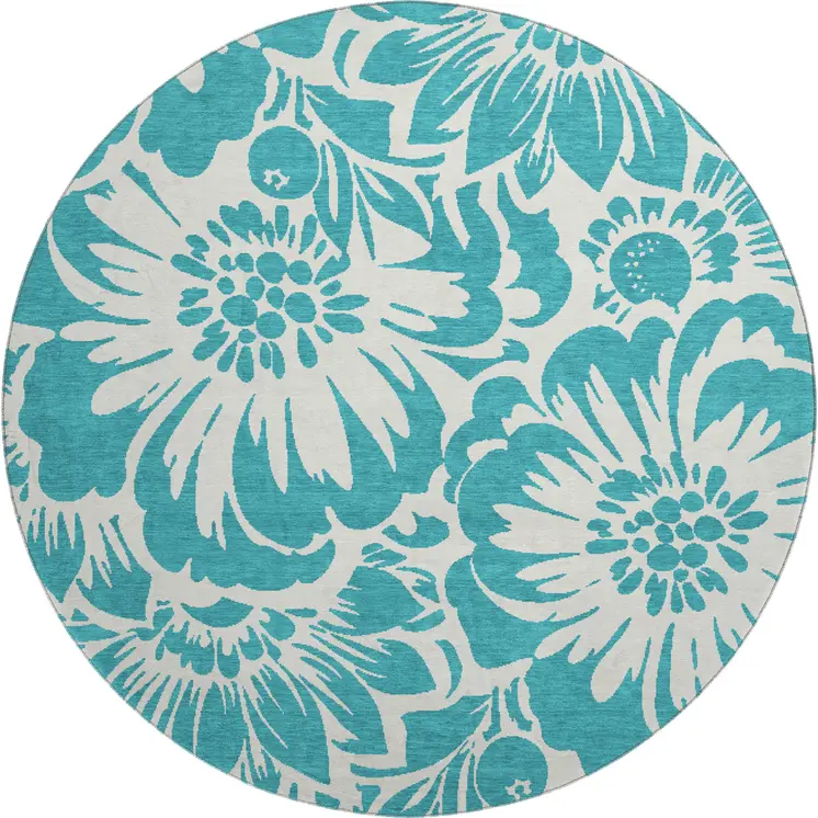 8' Teal And Ivory Floral Washable Round Rug With UV Protection