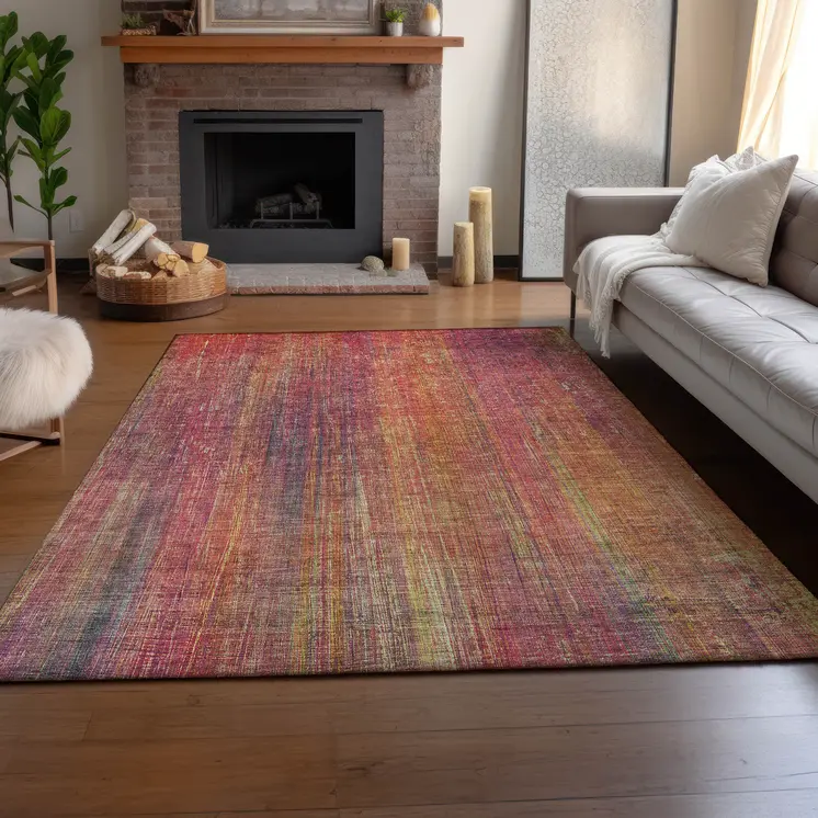 9' X 12' Red Yellow And Orange Striped Washable Area Rug With UV Protection