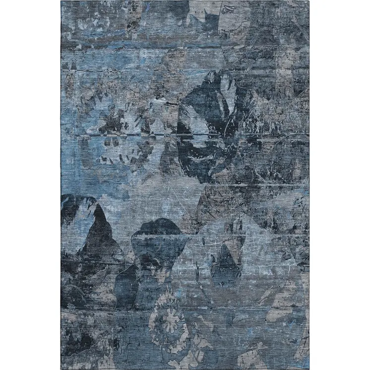 8' X 10' Denim Blue And Gray Abstract Washable Area Rug With UV Protection