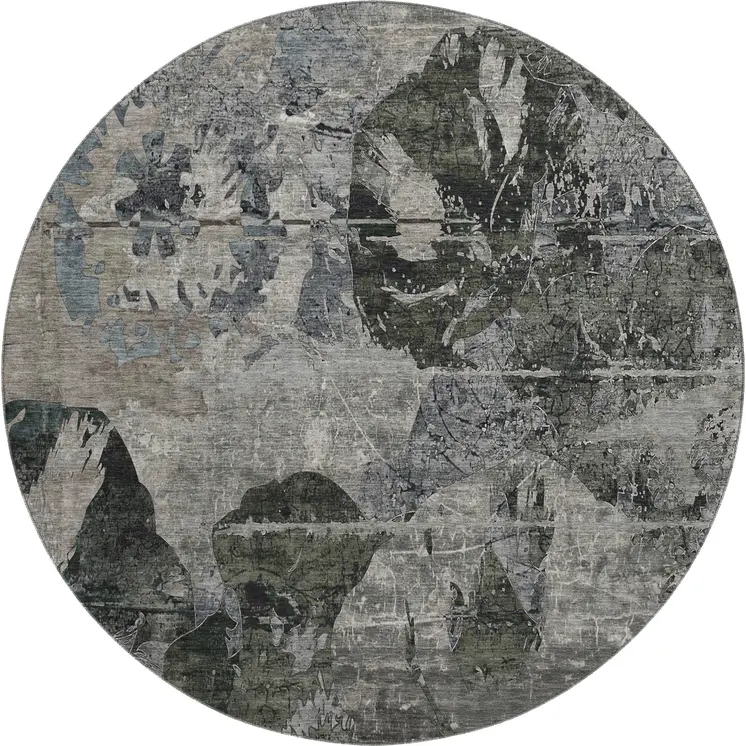 8' Gray And Taupe Abstract Washable Round Rug With UV Protection