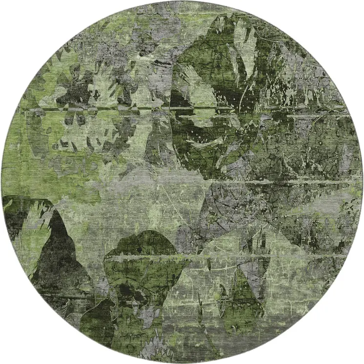 8' Green And Gray Abstract Washable Round Rug With UV Protection