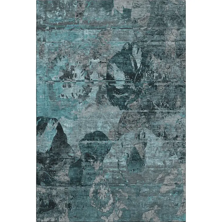 5' X 8' Teal And Gray Abstract Washable Area Rug With UV Protection