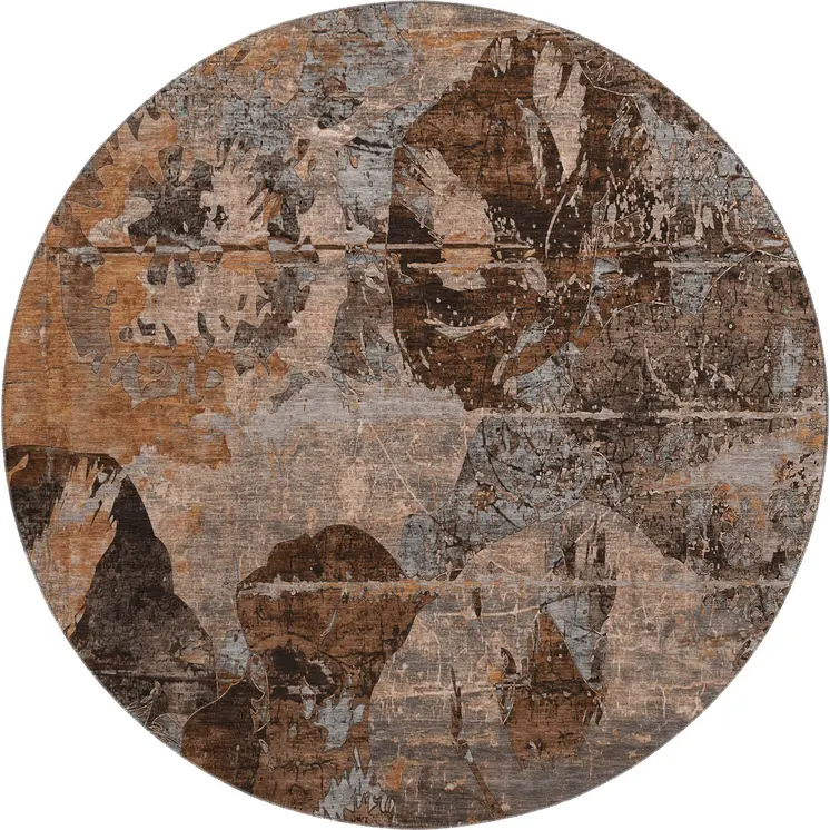8' Terra Cotta And Gray Abstract Washable Round Rug With UV Protection