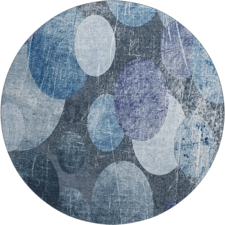8' Blue And Ivory Abstract Washable Round Rug With UV Protection