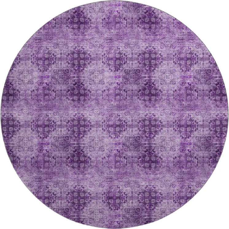 8' Eggplant And Ivory Floral Medallion Washable Round Rug With UV Protection