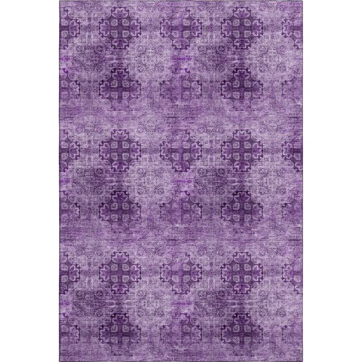 9' X 12' Eggplant And Ivory Floral Medallion Washable Area Rug With UV Protection