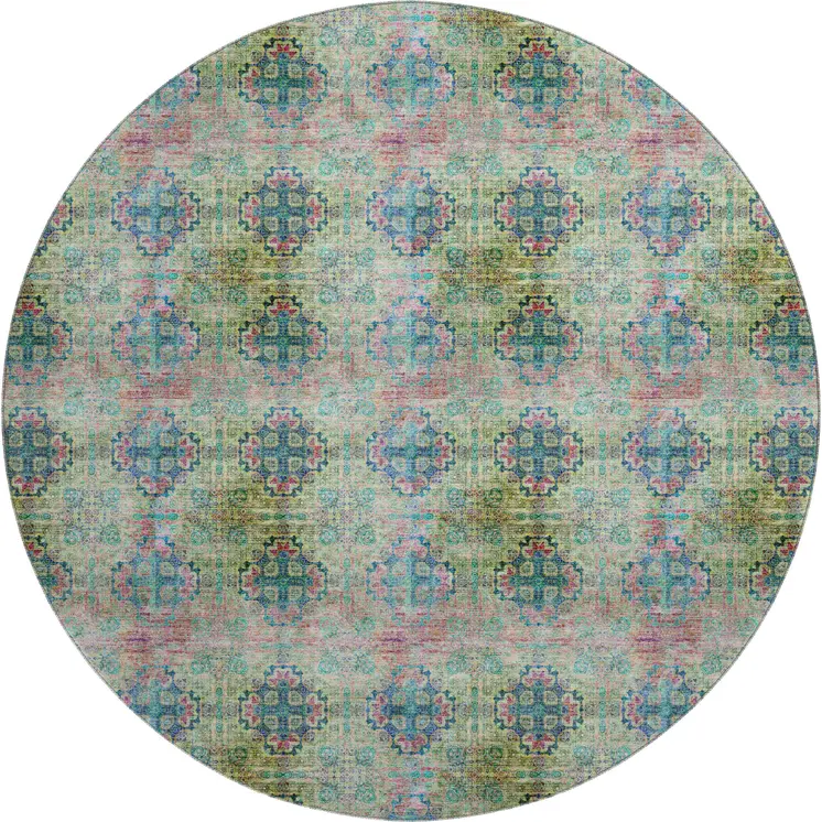 8' Green Blush And Teal Floral Medallion Washable Round Rug With UV Protection