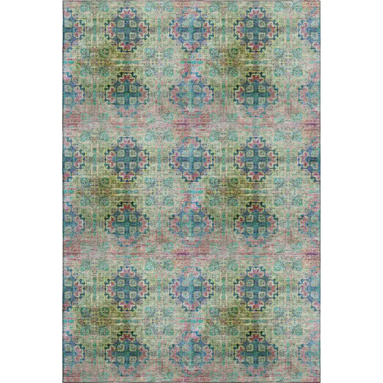 8' X 10' Green Blush And Teal Floral Medallion Washable Area Rug With UV Protection