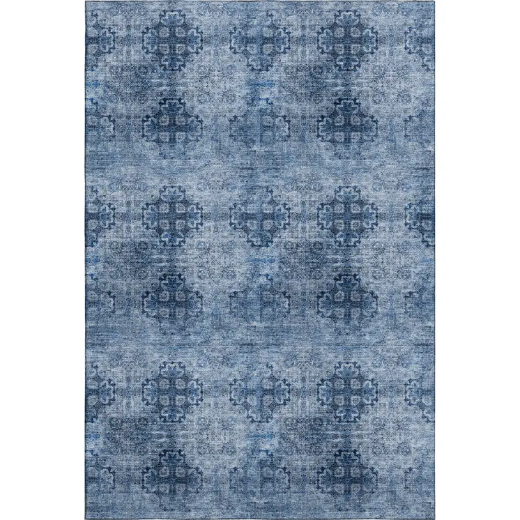 3' X 5' Navy Blue And Ivory Floral Medallion Washable Area Rug With UV Protection