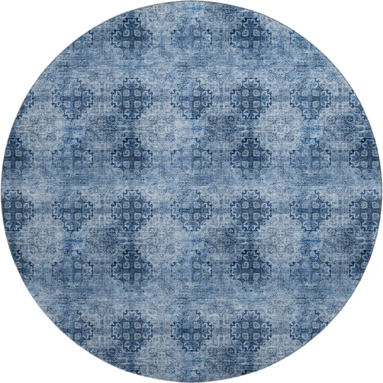 8' Navy Blue And Ivory Floral Medallion Washable Round Rug With UV Protection
