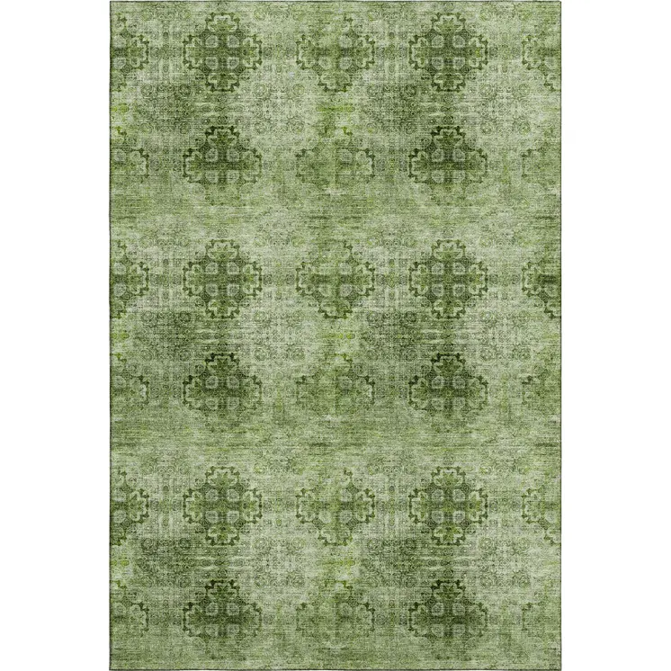 10' X 14' Olive Green And Ivory Floral Medallion Washable Area Rug With UV Protection
