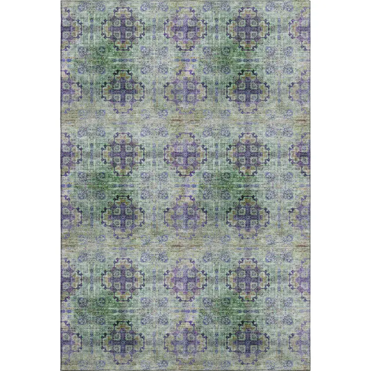 3' X 5' Purple Green And Ivory Floral Medallion Washable Area Rug With UV Protection