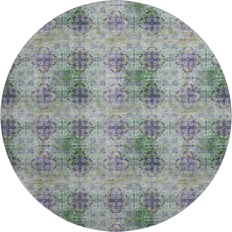 8' Purple Green And Ivory Floral Medallion Washable Round Rug With UV Protection