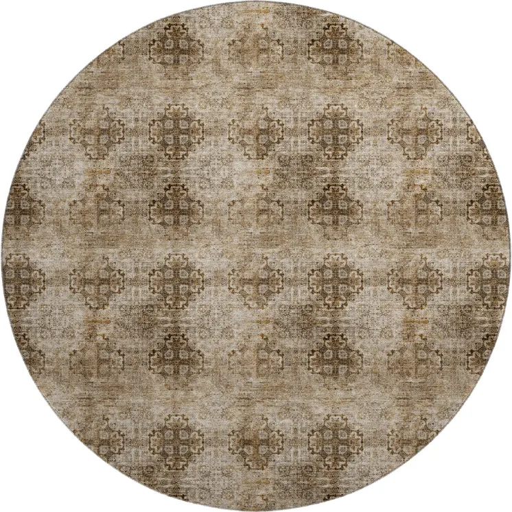 8' Taupe And Ivory Floral Medallion Washable Round Rug With UV Protection