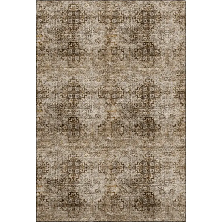 8' X 10' Taupe And Ivory Floral Medallion Washable Area Rug With UV Protection