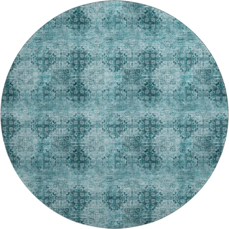 8' Teal And Ivory Floral Medallion Washable Round Rug With UV Protection