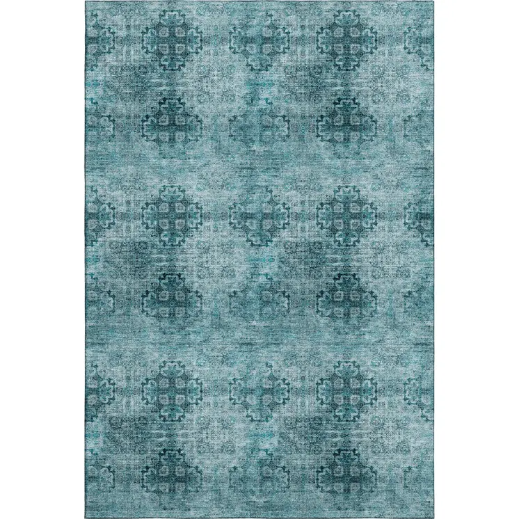 8' X 10' Teal And Ivory Floral Medallion Washable Area Rug With UV Protection