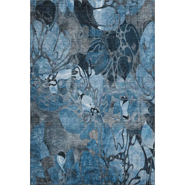 5' X 8' Blue Ivory And Gray Floral Washable Area Rug With UV Protection