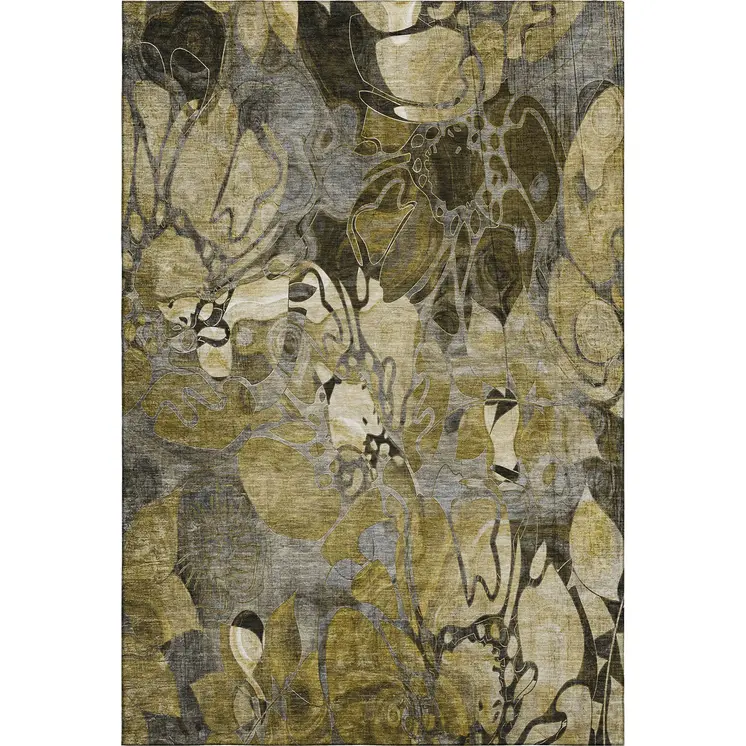 10' X 14' Brown Beige And Gold Floral Washable Area Rug With UV Protection
