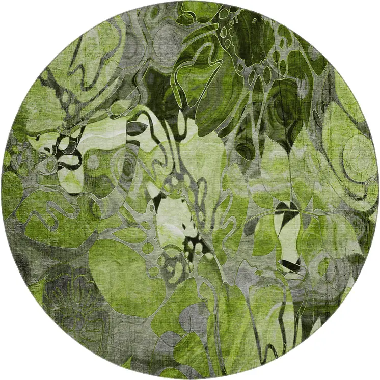 8' Fern Green And Gray Floral Washable Round Rug With UV Protection