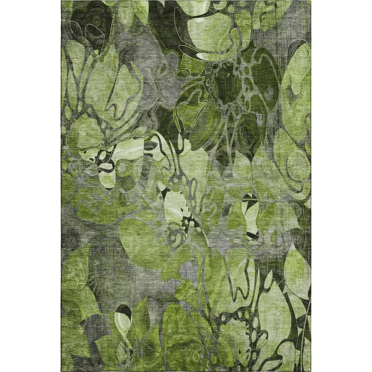 8' X 10' Fern Green And Gray Floral Washable Area Rug With UV Protection