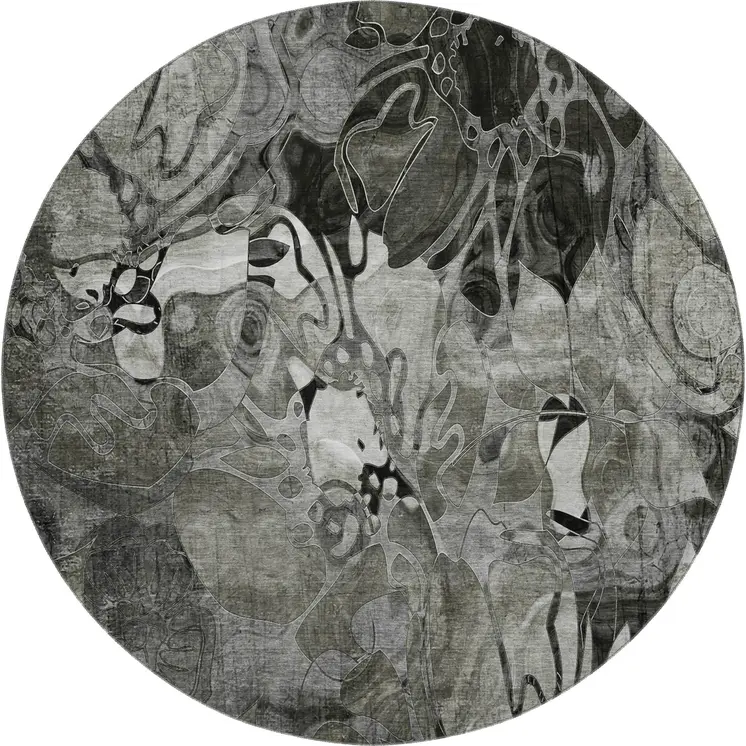 8' Gray And Ivory Floral Washable Round Rug With UV Protection