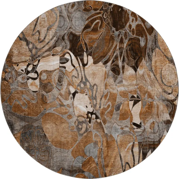 8' Rust And Gray Floral Washable Round Rug With UV Protection