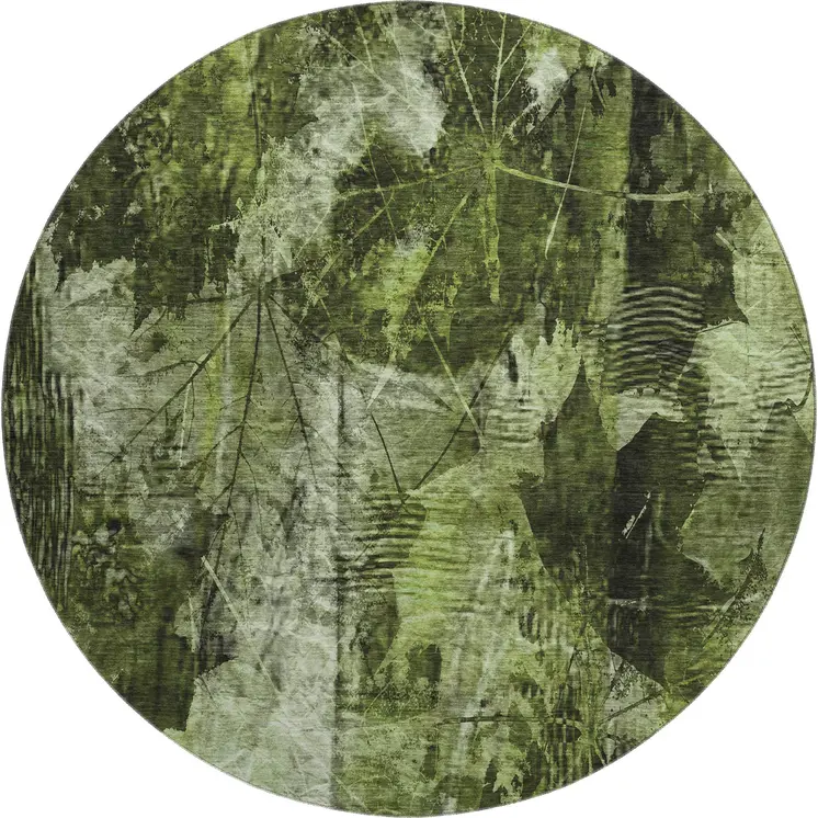 8' Green And Ivory Floral Washable Round Rug With UV Protection