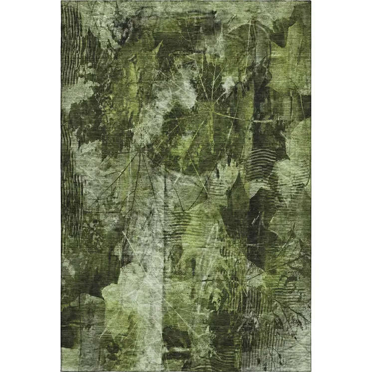 9' X 12' Green And Ivory Floral Washable Area Rug With UV Protection
