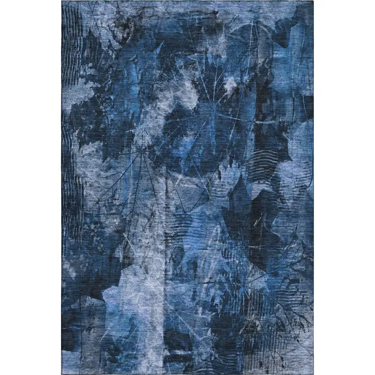 8' X 10' Navy Blue And Ivory Floral Washable Area Rug With UV Protection