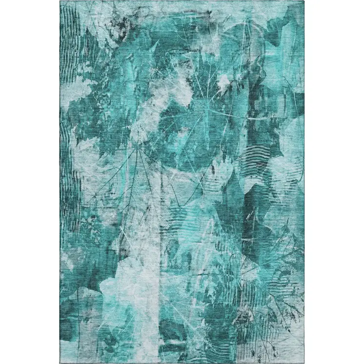 3' X 5' Teal And Ivory Floral Washable Area Rug With UV Protection