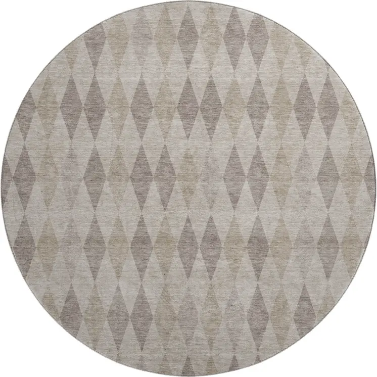 8' Beige And Gray Geometric Washable Round Rug With UV Protection
