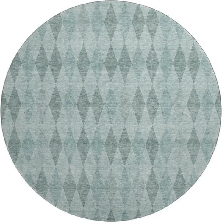 8' Teal And Gray Geometric Washable Round Rug With UV Protection