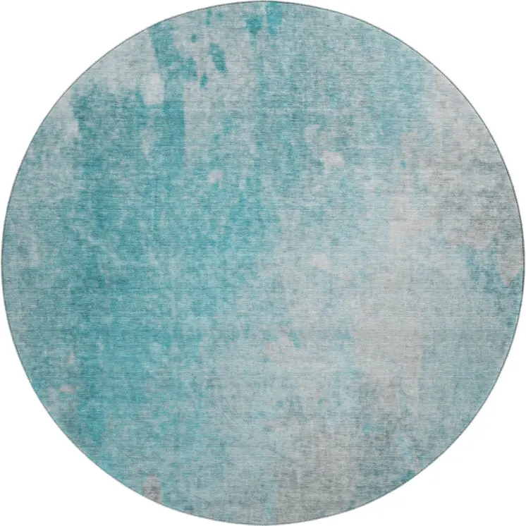 8' Teal And Gray Abstract Washable Round Rug With UV Protection