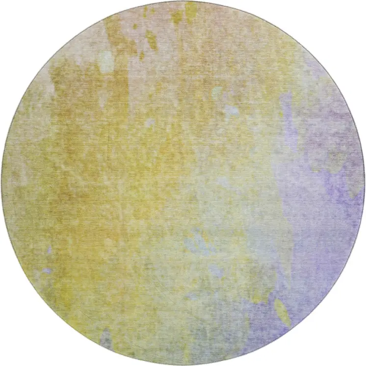 8' Wheat And Purple Abstract Washable Round Rug With UV Protection