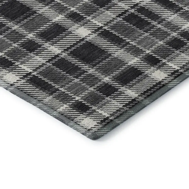 5' X 8' Black And Ivory Plaid Washable Area Rug With UV Protection