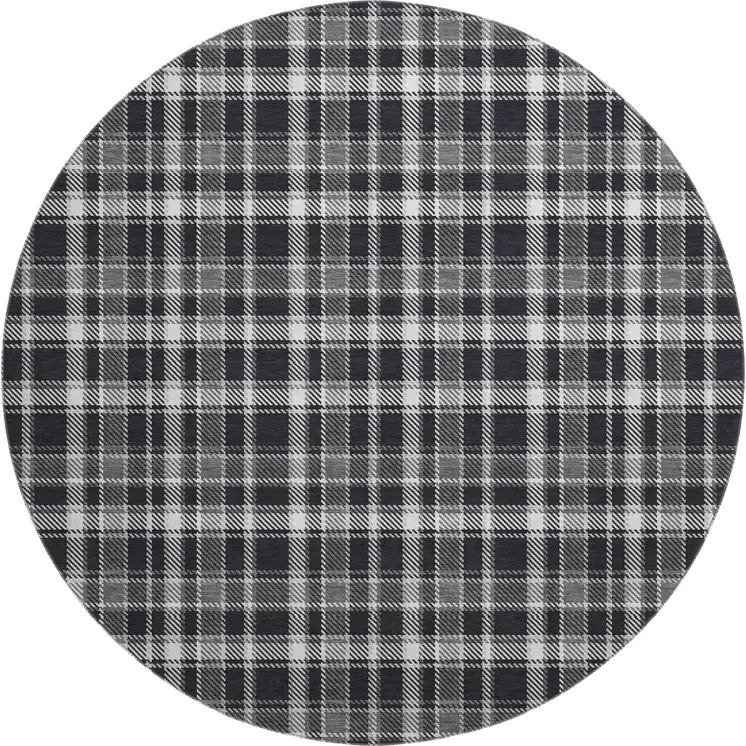 8' Black And Ivory Plaid Washable Round Rug With UV Protection