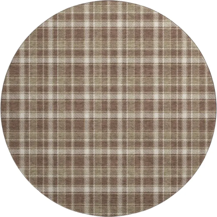 8' Chocolate And Ivory Plaid Washable Round Rug With UV Protection