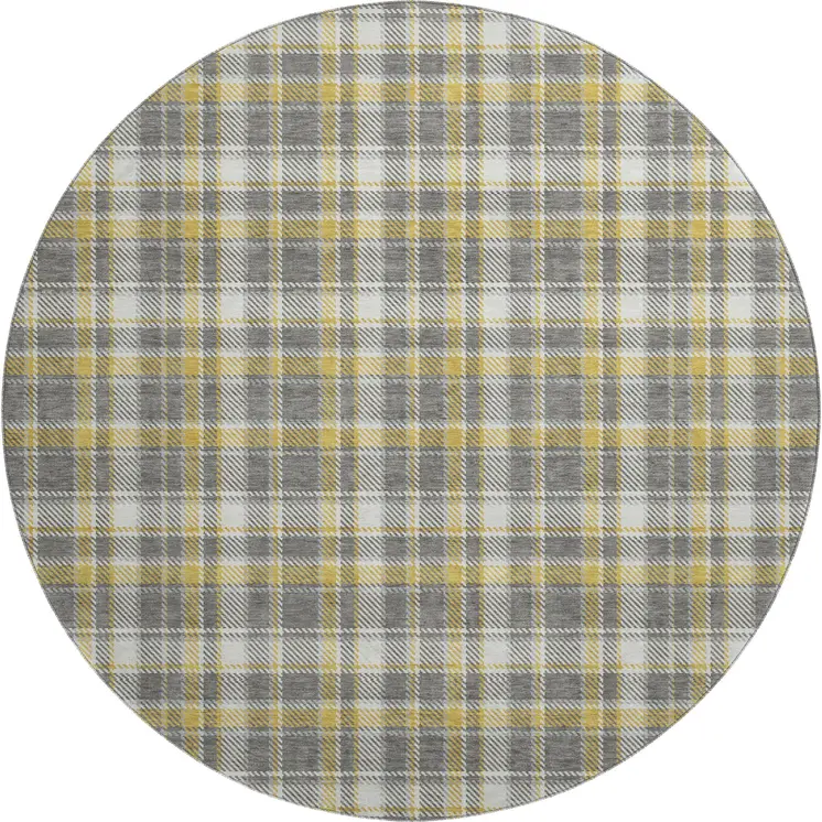 8' Gray Gold And Ivory Plaid Washable Round Rug With UV Protection