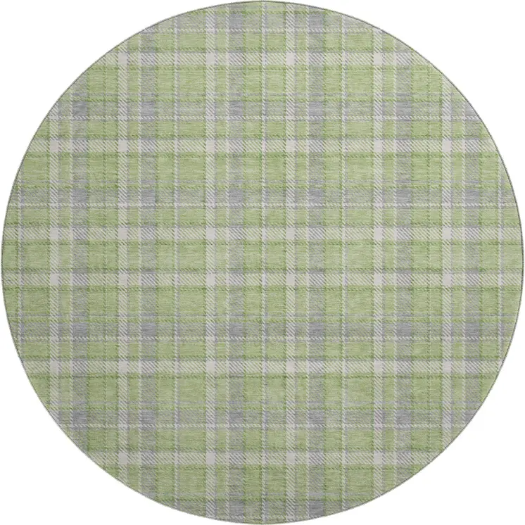 8' Green And Gray Plaid Washable Round Rug With UV Protection