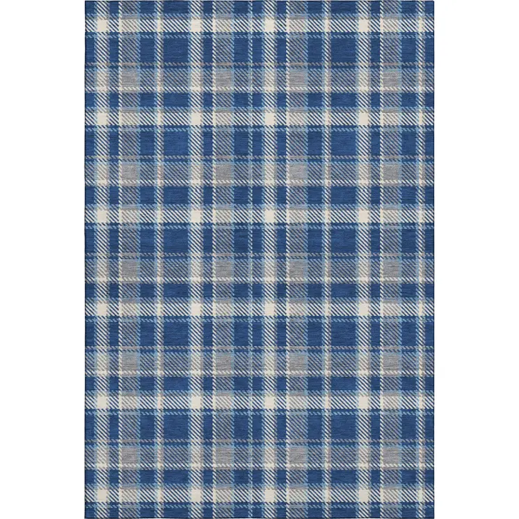 5' X 8' Navy Blue And Ivory Plaid Washable Area Rug With UV Protection
