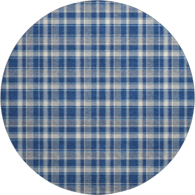 8' Navy Blue And Ivory Plaid Washable Round Rug With UV Protection